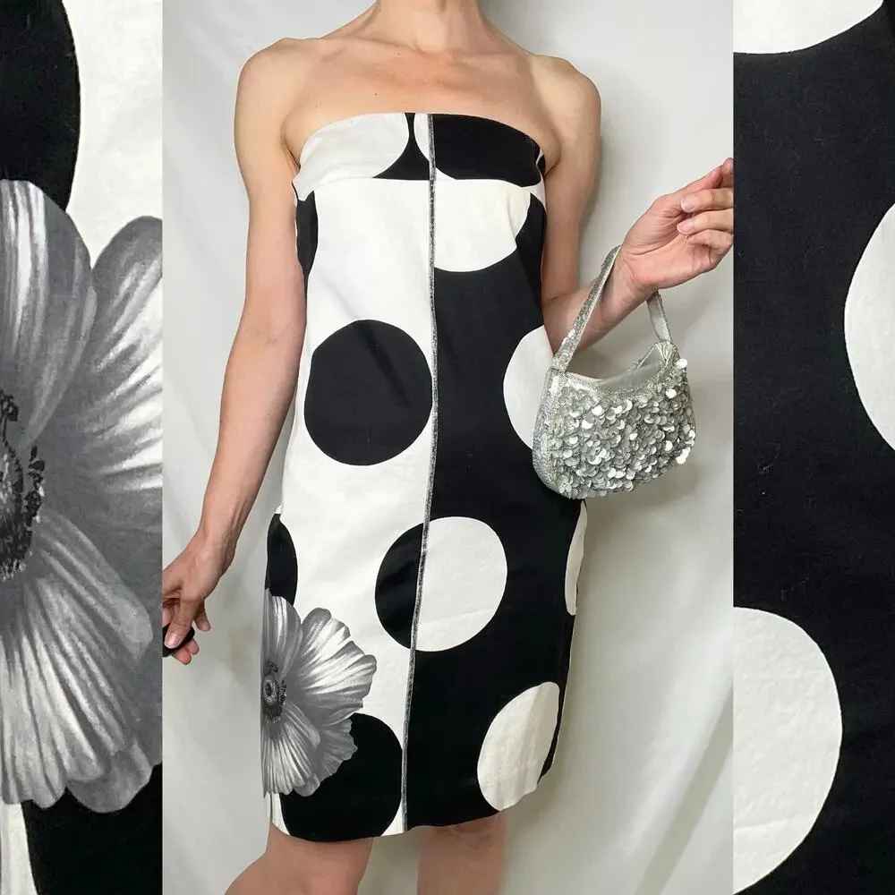 Cache strapless polka dot flower mini dress white black floral vintage Y2K 4 - Picture 16 of 16